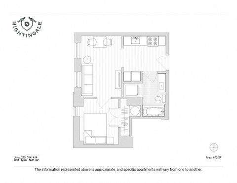 Floor plan for 1 bed, 1 bath, 453 sqft